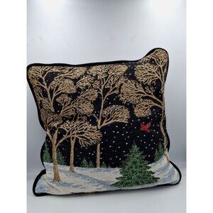 Vintage Christmas Tapestry Throw Pillow With Forest Scene & Cardinal Design